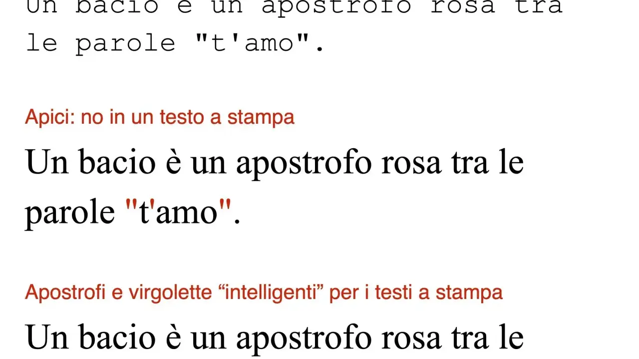 Un bacio è un apostrofo rosa tra le parole "t'amo". La figura retorica dell'apostrofe è qui rappresentata visivamente.