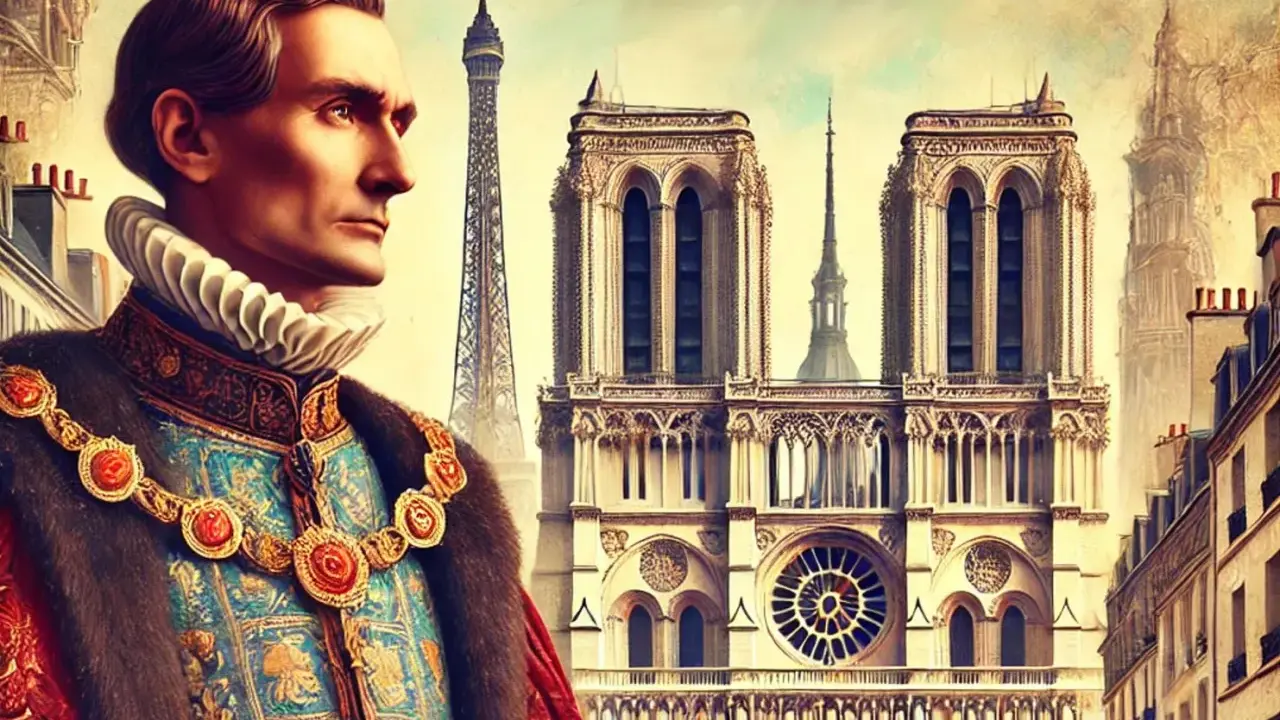 Un nobile con collare a gorgiera e abiti sfarzosi guarda verso Notre Dame e la Torre Eiffel. Parigi val bene una messa, un'immagine che evoca storia e grandezza.