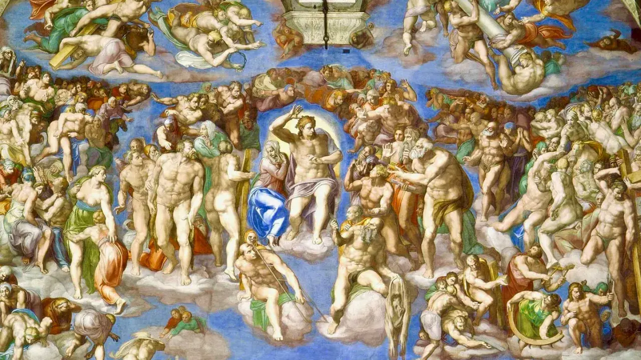Michelangelo's Last Judgment fresco: Christ presides over the resurrected souls ascending to heaven and descending to hell.