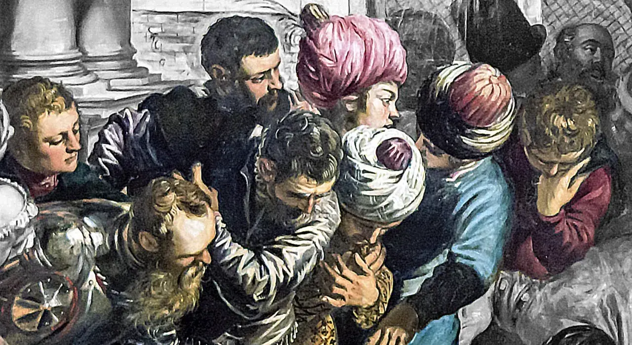 Dettaglio del "Miracolo dello schiavo" di Tintoretto: volti intensi e turbanti colorati in un momento di dramma.