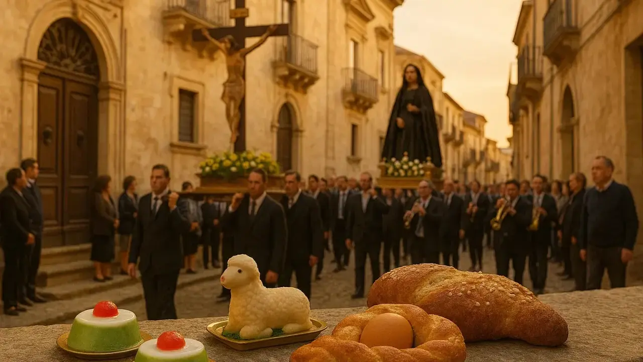 Una processione religiosa per la Pasqua in Sicilia, con statue sacre portate a spalla e dolci tipici in primo piano.