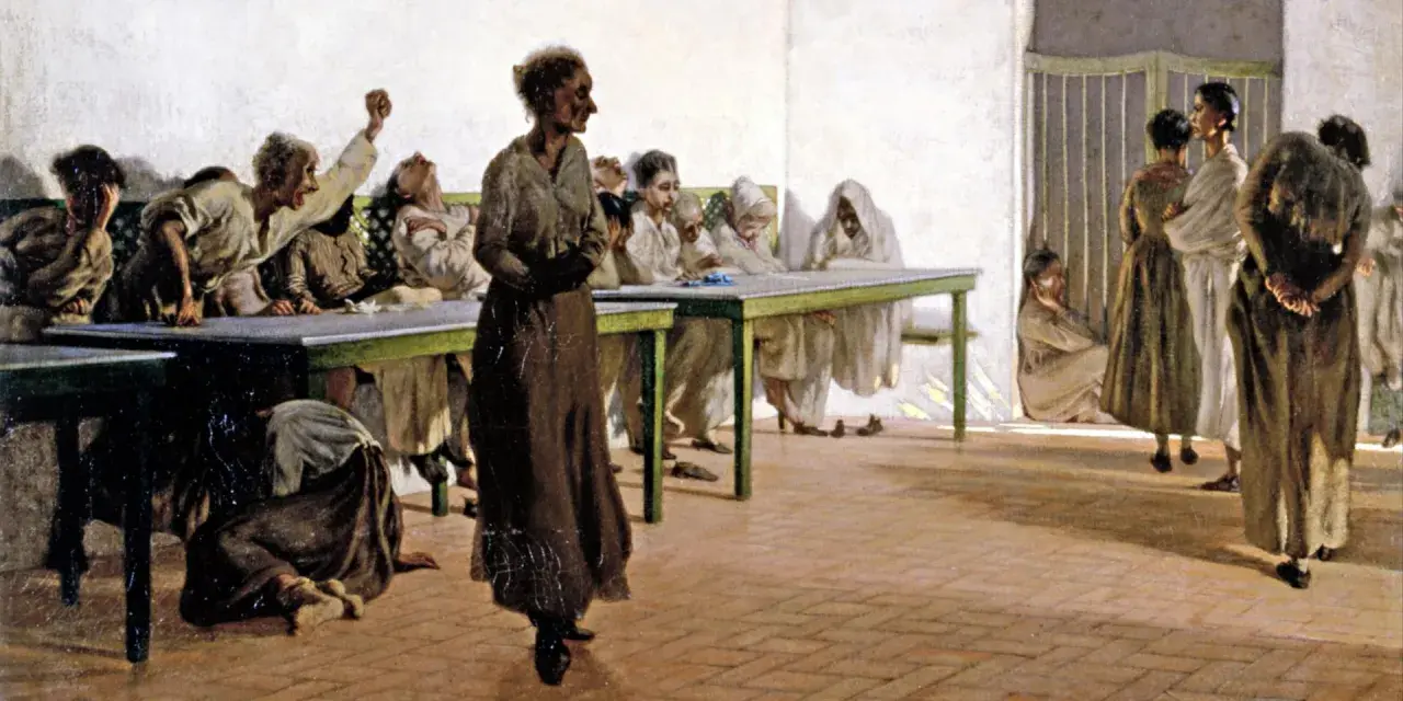La sala delle agitate: donne in abiti lunghi, alcune sedute ai tavoli, altre in piedi, mostrano espressioni di angoscia e agitazione.