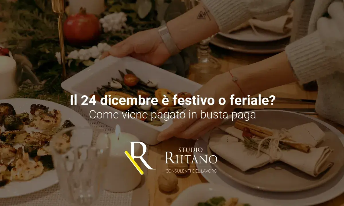 Immagine di una tavola apparecchiata per le feste, con un piatto di verdure e candele. Il testo chiede se il 24 dicembre è festivo o feriale e come viene pagato in busta paga.
