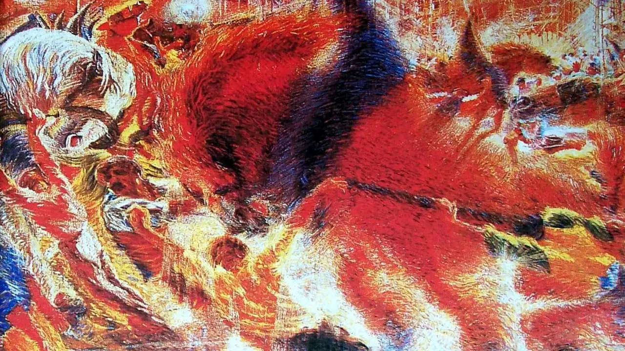 Un'analisi dinamica de "La città che sale": figure umane e animali si fondono in un vortice di energia e progresso, con uno sfondo di edifici in costruzione.
