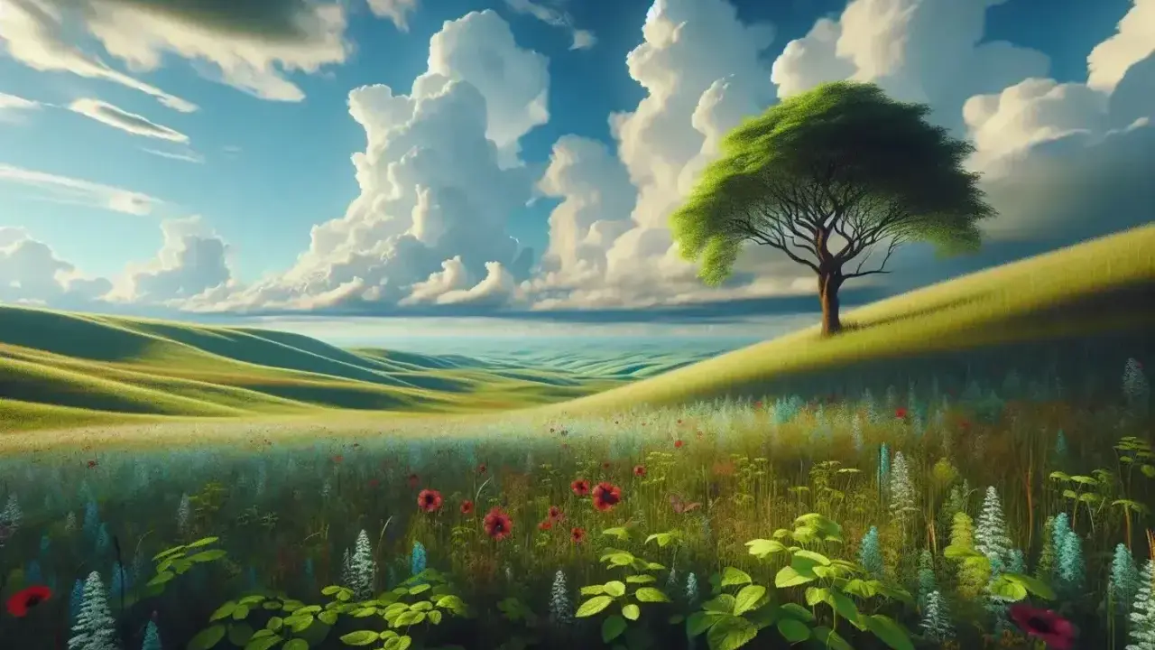 Un paesaggio collinare verdeggiante, fiorito, con un albero solitario e nuvole maestose, evoca un senso di enjambement infinito leopardiano.