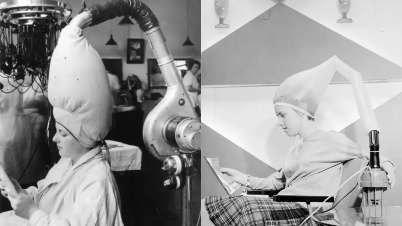 Donne con cuffie e tubi per asciugare i capelli, un modo per capire come si asciugavano i capelli prima del phon.