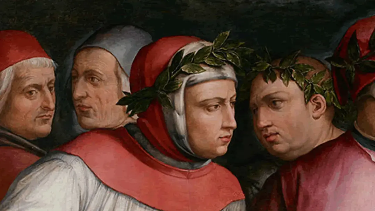 Figure retoriche: uomini con corone d'alloro, forse poeti, che discutono. "Io voglio del ver la mia donna laudare.