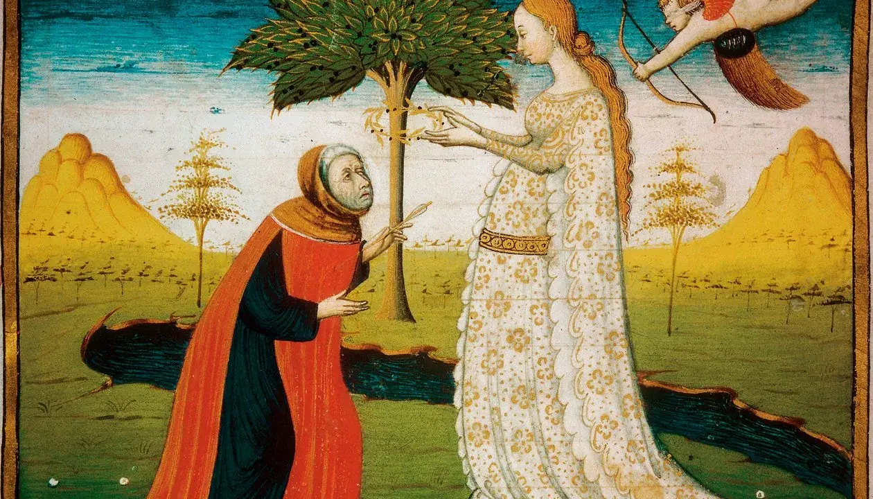 Un vecchio implora una dama sotto un albero, mentre Cupido scocca una freccia. Pace non trovo e non ho da far guerra.