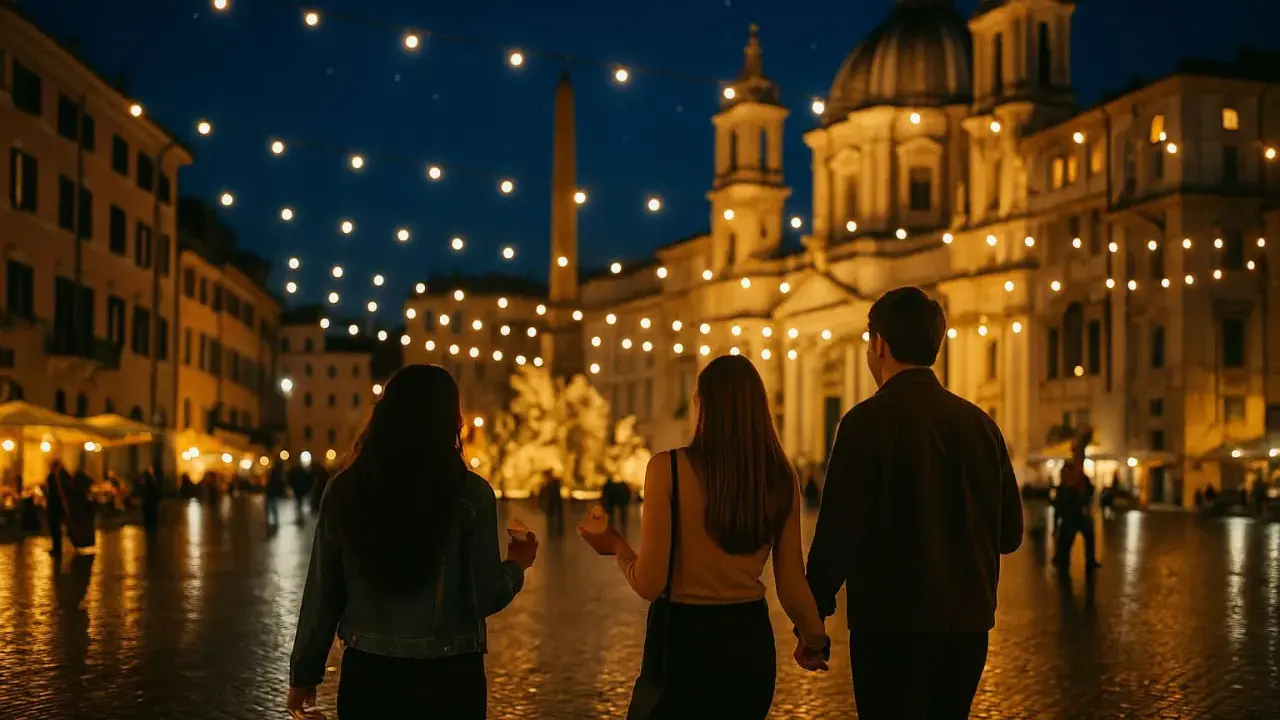 Passeggiata serale a Roma, con luci soffuse che illuminano la piazza e un cielo stellato. Tre amici gustano un gelato mentre ammirano la bellezza della città eterna.