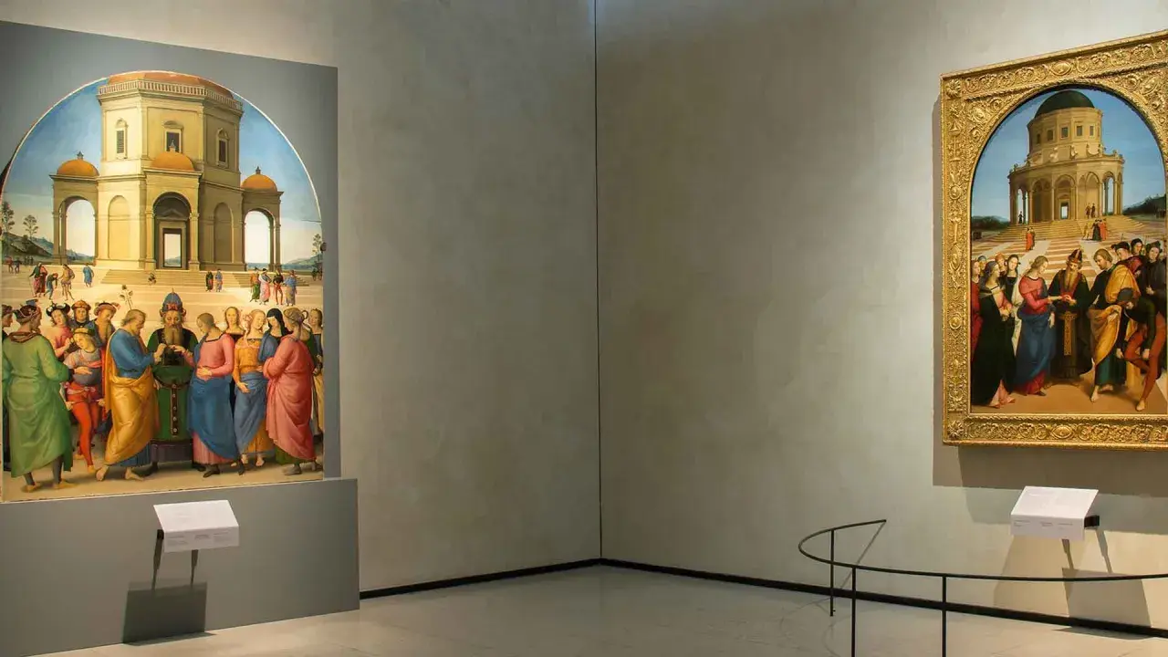 Due dipinti rinascimentali, uno di Raffaello e uno di Perugino, raffigurano il Matrimonio della Vergine con un edificio centrale.