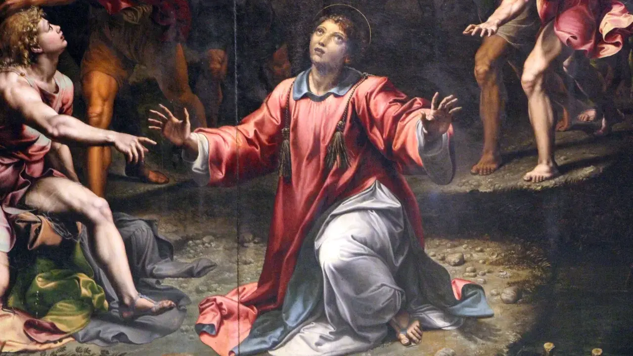 Painting of a saint in a red robe kneeling and looking up, with other figures around.