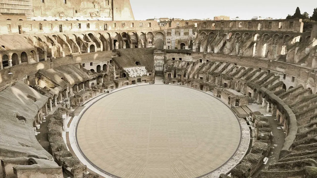 Vista interna del Colosseo, con la sua arena circolare in legno. Immagina quando è stato costruito il Colosseo, un'opera maestosa.