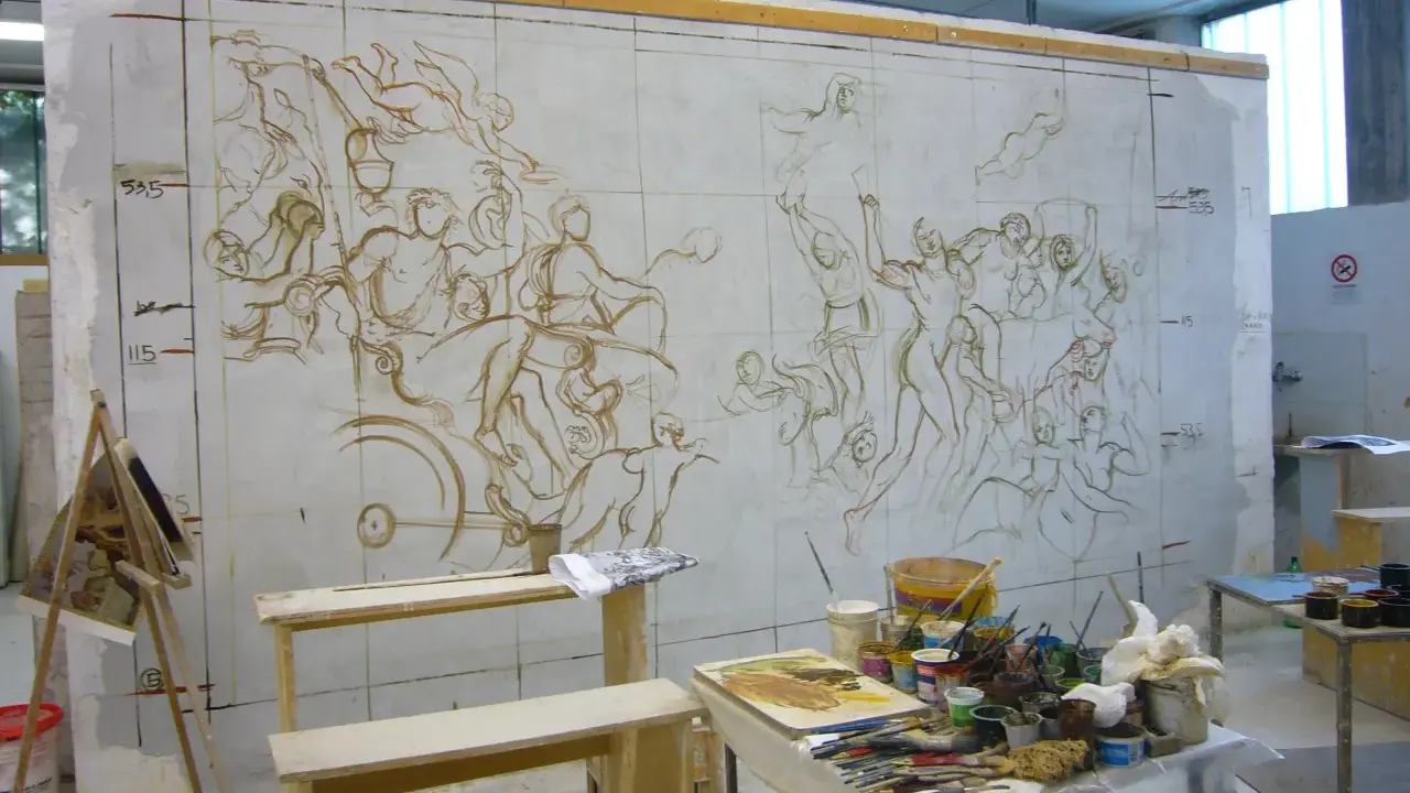 Bozzetto del "Trionfo di Bacco e Arianna" su un muro, con schizzi di figure e strumenti da pittura sparsi.