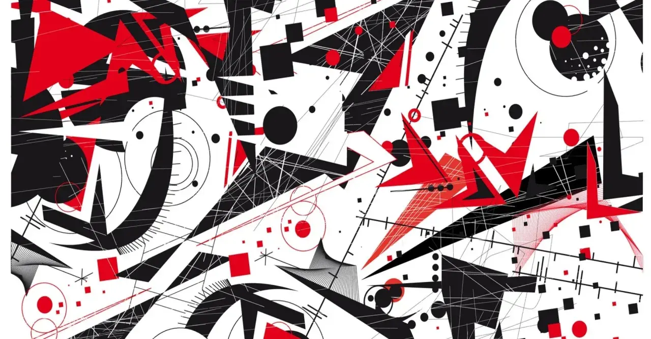 Un urlo nero, una figura retorica astratta con forme geometriche rosse e nere su sfondo bianco, evoca un'energia caotica e dinamica.