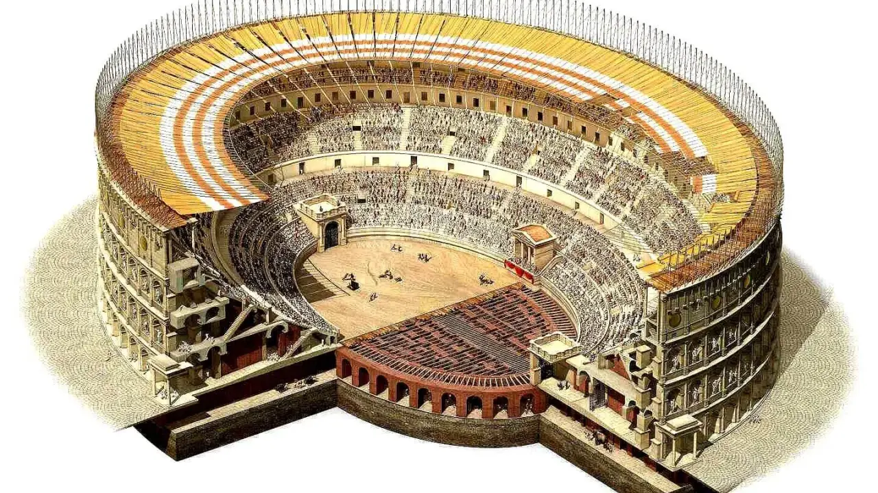 Sezione del Colosseo con spettatori e gladiatori, mostra quanto è grande il Colosseo e la sua struttura interna.