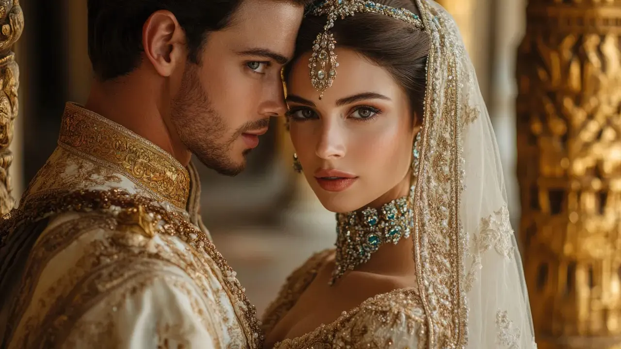 Coppia in abiti sontuosi, con la donna adornata da gioielli preziosi, evoca l'eleganza di matrimoni morganatici famosi.