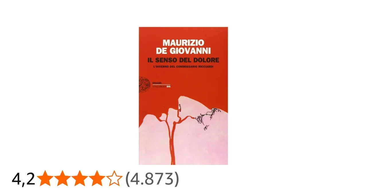 Copertina del libro "Il senso del dolore" di Maurizio de Giovanni, con un disegno stilizzato di un albero e un cielo rosso.