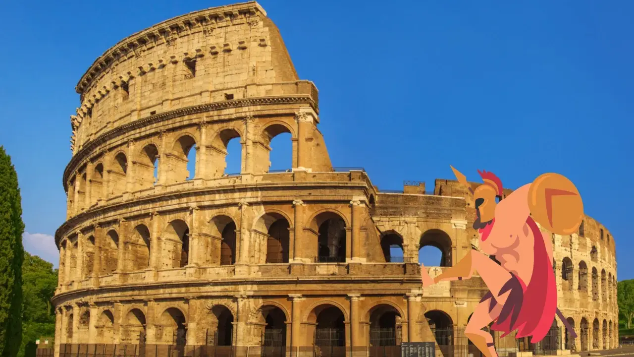 Il Colosseo fa da sfondo a un guerriero stilizzato, perfetto per una ricerca sul Colosseo per la scuola primaria.