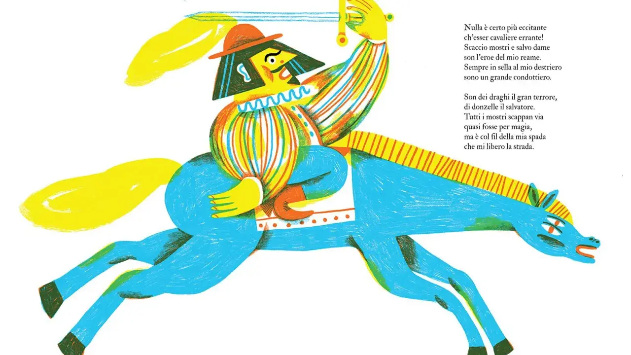 Un cavaliere errante, con spada alzata, cavalca un destriero blu. Il suo significato è l'eroe che scaccia mostri e salva dame.