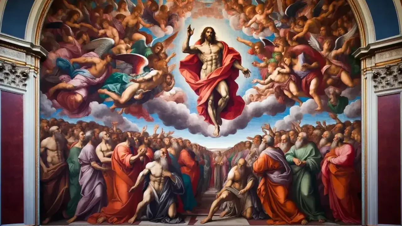 Cristo in gloria, circondato da angeli, sovrasta la folla in attesa del giudizio universale.