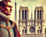 Un nobile con collare a gorgiera e abiti sfarzosi guarda verso Notre Dame e la Torre Eiffel. Parigi val bene una messa, un'immagine che evoca storia e grandezza.