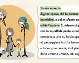 Figure stilizzate: un uomo pensieroso, una donna con foulard e due bambini, uno dei quali tiene la mano a un altro. Testo: "e tu vergine cuccia, idol placato".