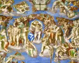 Michelangelo's Last Judgment fresco: Christ presides over the resurrected souls ascending to heaven and descending to hell.