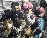 Dettaglio del "Miracolo dello schiavo" di Tintoretto: volti intensi e turbanti colorati in un momento di dramma.