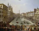 Una vivace scena di **Piazza Navona** a Roma, con carrozze, folla e la Fontana dei Quattro Fiumi.