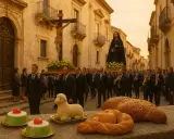 Una processione religiosa per la Pasqua in Sicilia, con statue sacre portate a spalla e dolci tipici in primo piano.