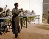La sala delle agitate: donne in abiti lunghi, alcune sedute ai tavoli, altre in piedi, mostrano espressioni di angoscia e agitazione.