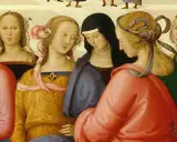 Dettaglio da "Lo sposalizio della Vergine" di Raffaello e Perugino: donne con abiti colorati e acconciature elaborate.