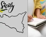 Una donna incinta scrive nomi femminili siciliani su un taccuino, ispirata dalla sagoma dell'isola.