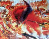 Un'analisi dinamica de "La città che sale": figure umane e animali si fondono in un vortice di energia e progresso, con uno sfondo di edifici in costruzione.