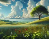 Un paesaggio collinare verdeggiante, fiorito, con un albero solitario e nuvole maestose, evoca un senso di enjambement infinito leopardiano.