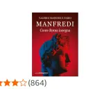 Copertina del libro "Come Roma insegna" di Valerio Massimo Manfredi, con un busto classico illuminato da luci rosse e blu.