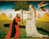 Un vecchio implora una dama sotto un albero, mentre Cupido scocca una freccia. Pace non trovo e non ho da far guerra.