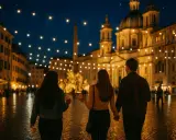 Passeggiata serale a Roma, con luci soffuse che illuminano la piazza e un cielo stellato. Tre amici gustano un gelato mentre ammirano la bellezza della città eterna.