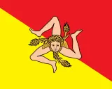 Lo stemma della Sicilia, la Trinacria, con la testa di Medusa e tre spighe di grano, su sfondo diviso in giallo e rosso.
