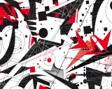 Un urlo nero, una figura retorica astratta con forme geometriche rosse e nere su sfondo bianco, evoca un'energia caotica e dinamica.