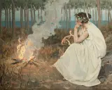 Una donna con corona d'alloro e lira medita accanto a un fuoco, evocando il tema dell'ultimo canto di Saffo parafrasi.