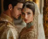 Coppia in abiti sontuosi, con la donna adornata da gioielli preziosi, evoca l'eleganza di matrimoni morganatici famosi.