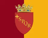 Bandiera di Roma: divisa in due parti, rossa e gialla, con uno scudo rosso che riporta la croce e le lettere SPQR, sormontato da una corona dorata.