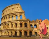Il Colosseo fa da sfondo a un guerriero stilizzato, perfetto per una ricerca sul Colosseo per la scuola primaria.