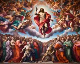 Cristo in gloria, circondato da angeli, sovrasta la folla in attesa del giudizio universale.