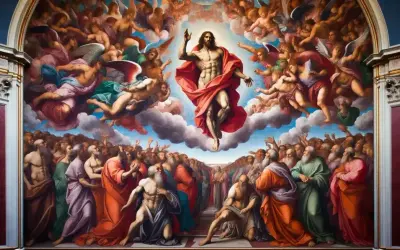 Cristo in gloria, circondato da angeli, sovrasta la folla in attesa del giudizio universale.