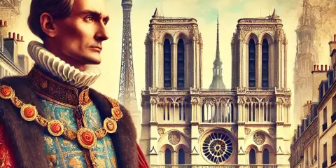 Un nobile con collare a gorgiera e abiti sfarzosi guarda verso Notre Dame e la Torre Eiffel. Parigi val bene una messa, un'immagine che evoca storia e grandezza.