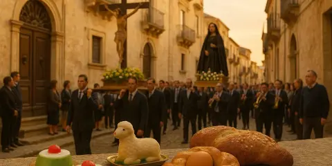 Una processione religiosa per la Pasqua in Sicilia, con statue sacre portate a spalla e dolci tipici in primo piano.