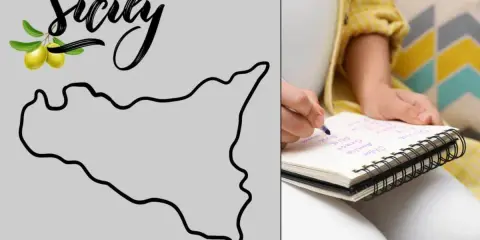 Una donna incinta scrive nomi femminili siciliani su un taccuino, ispirata dalla sagoma dell'isola.