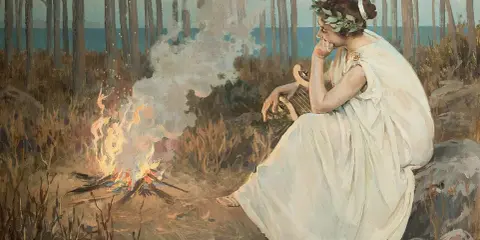 Una donna con corona d'alloro e lira medita accanto a un fuoco, evocando il tema dell'ultimo canto di Saffo parafrasi.